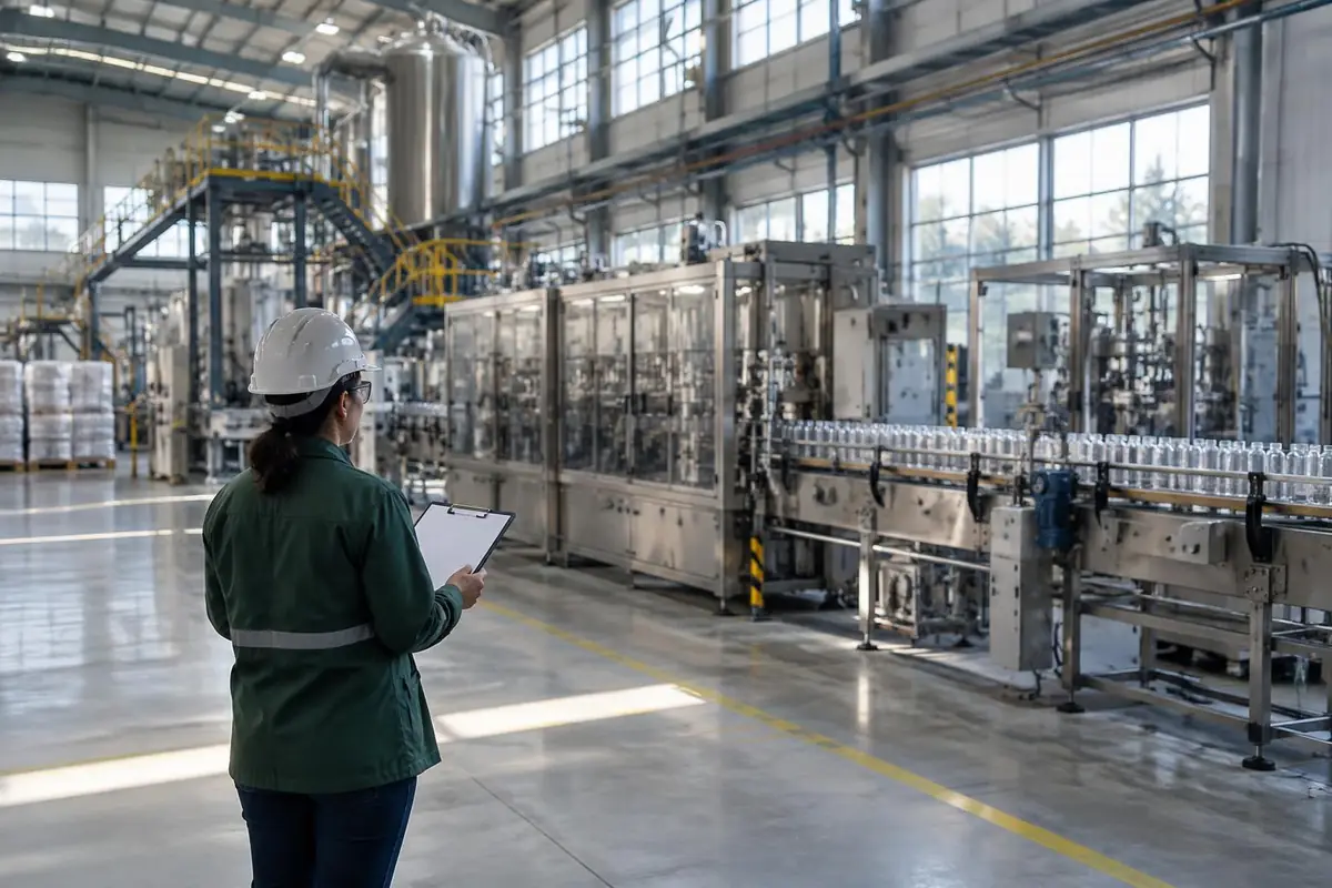 Imagem ilustrativa: técnica com capacete e prancheta inspecionando linha industrial
