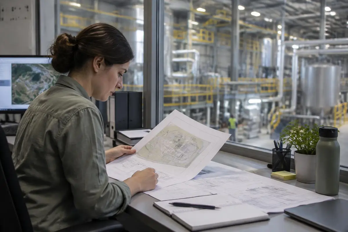 Imagem ilustrativa: profissional analisando mapas e documentos ambientais ao lado da planta industrial