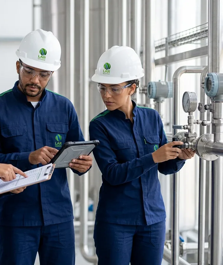 Imagem ilustrativa gerada por IA: dois técnicos com capacete e uniforme LAR conferindo dados no tablet dentro de uma fábrica