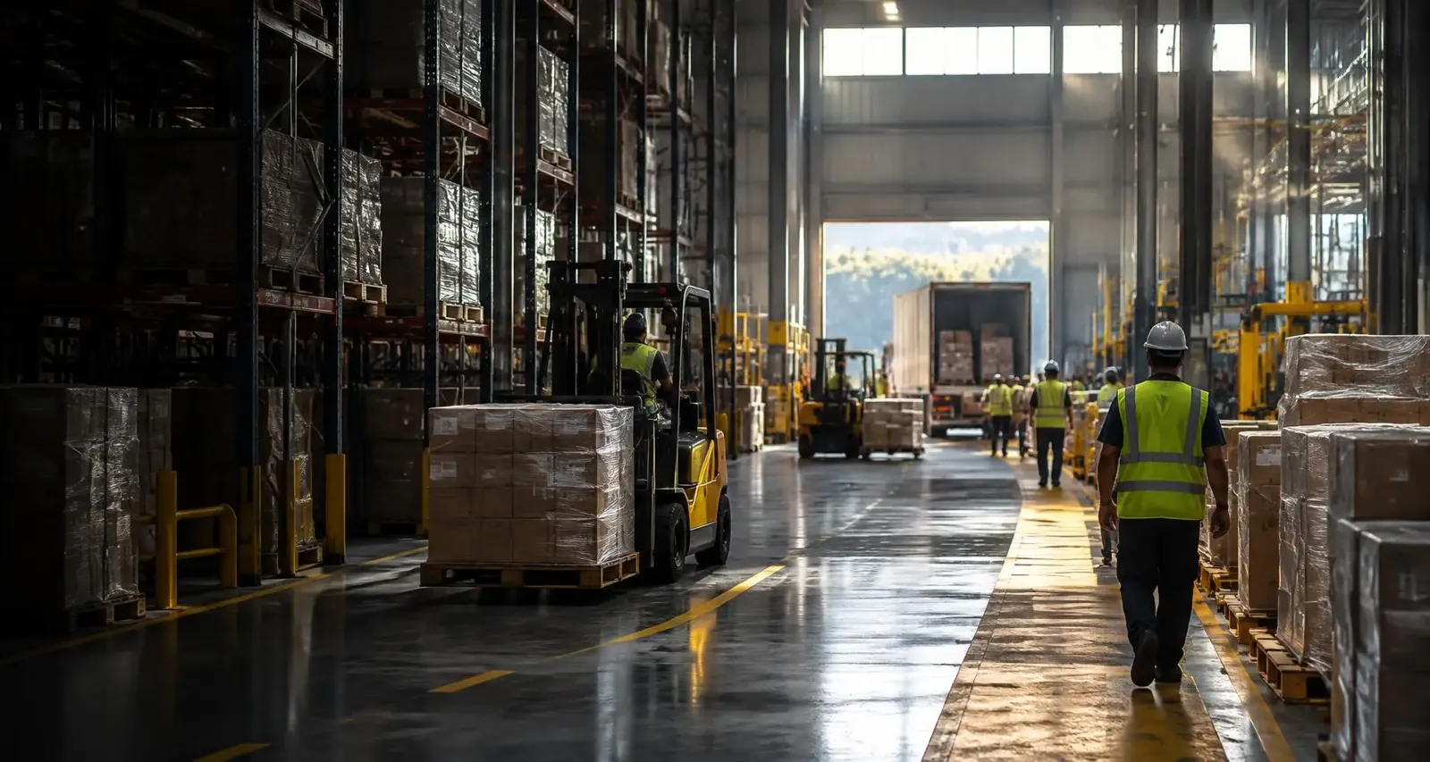 Imagem ilustrativa gerada por IA: corredor de galpão industrial com empilhadeira e profissional de colete